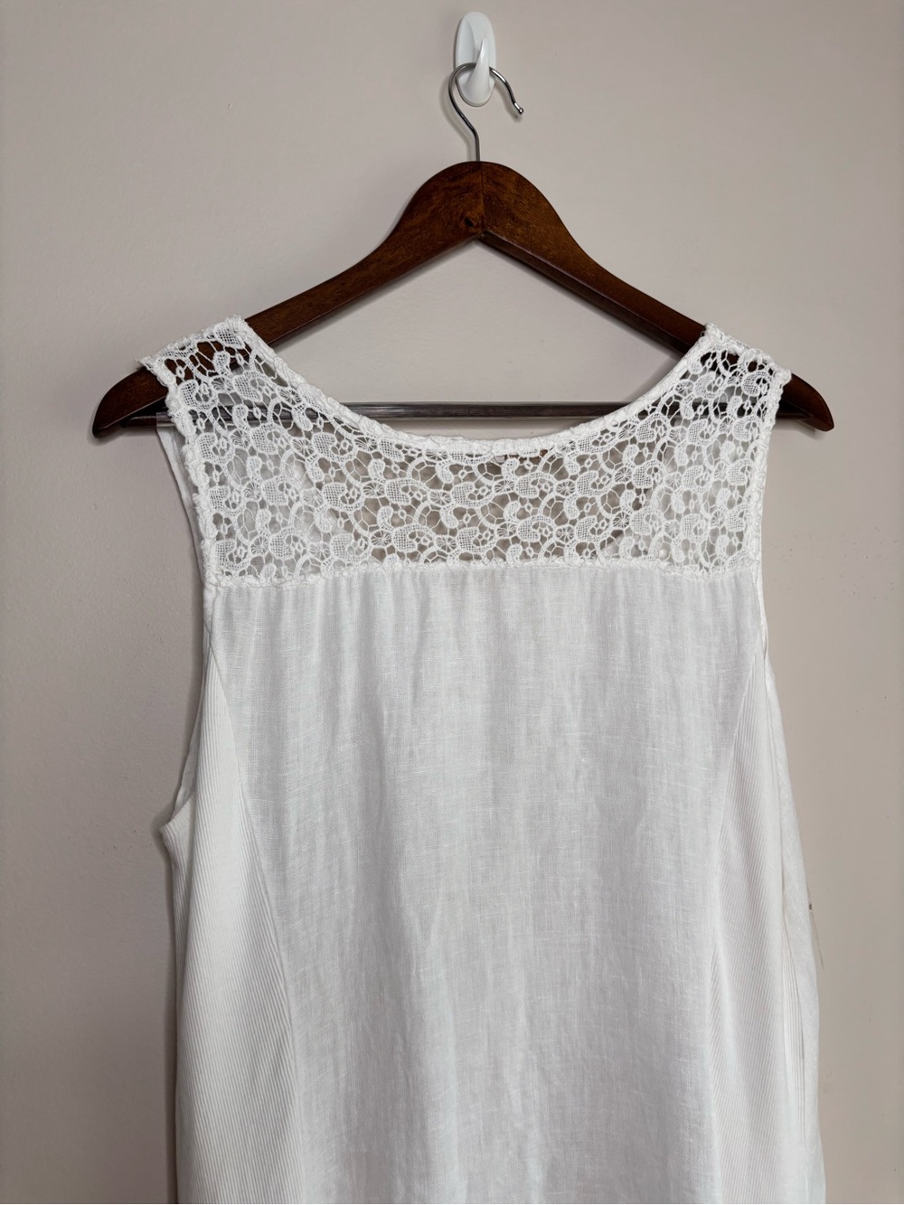 Lina Tomei White Linen Sleeveless Dress Lace Yoke Pockets Medium - Picture 6 of 9